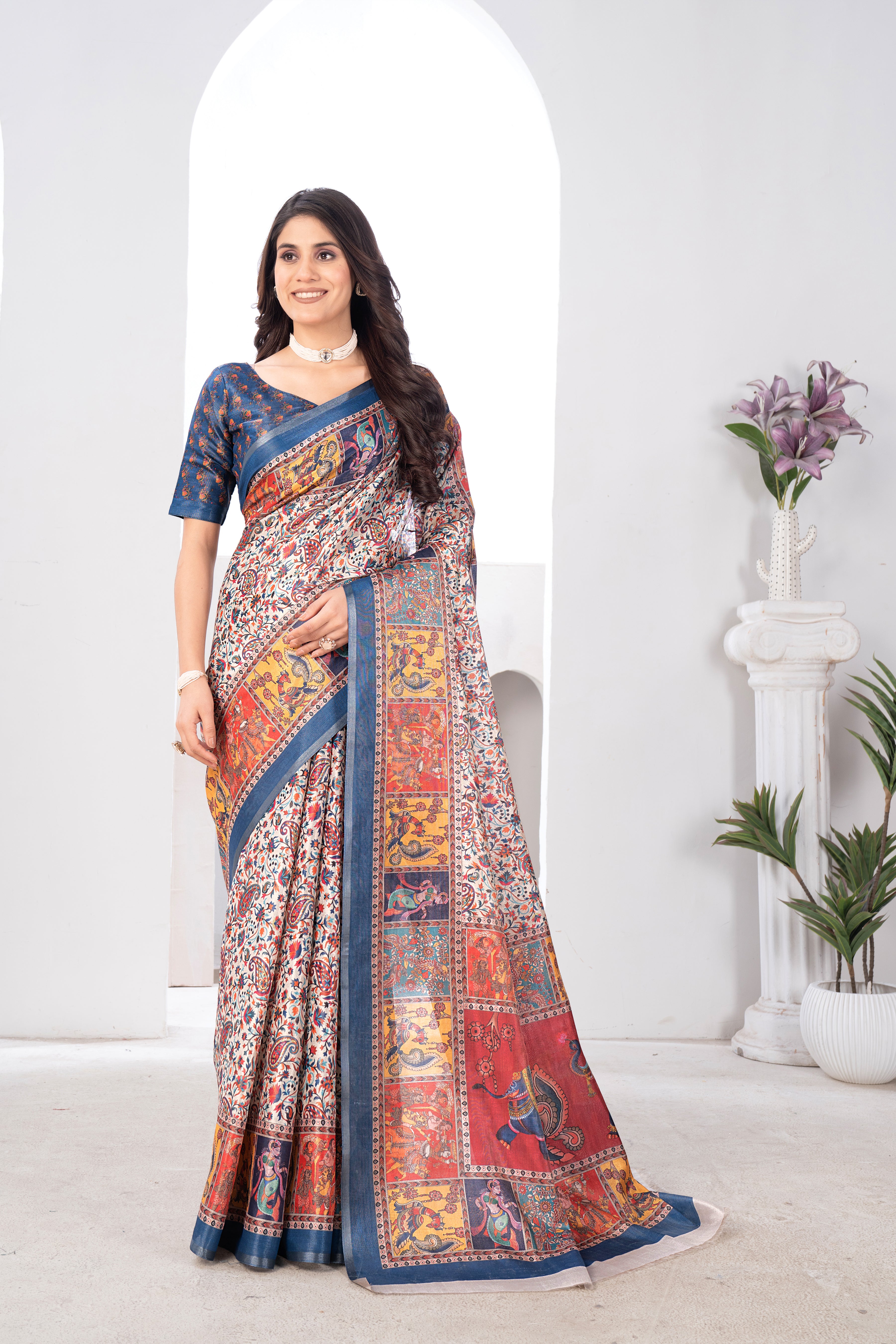 Multicolour Charcoal Tissue Kalamkari Saree